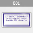 Знак «Ответственный за соблюдение правил техники безопасности», B01 (металл, 200х100 мм)
